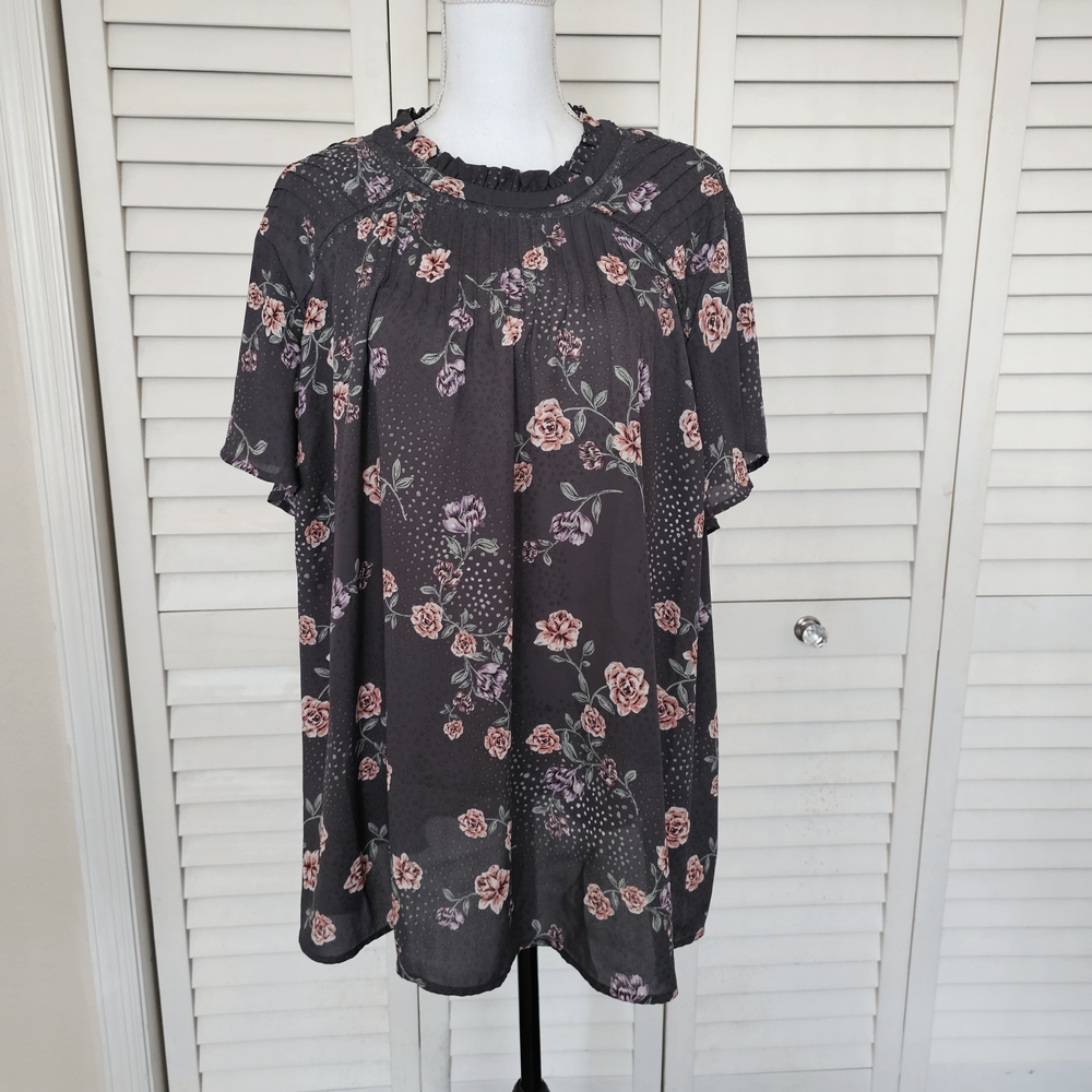 torrid Charcoal Floral Ruffle-Neck Blouse